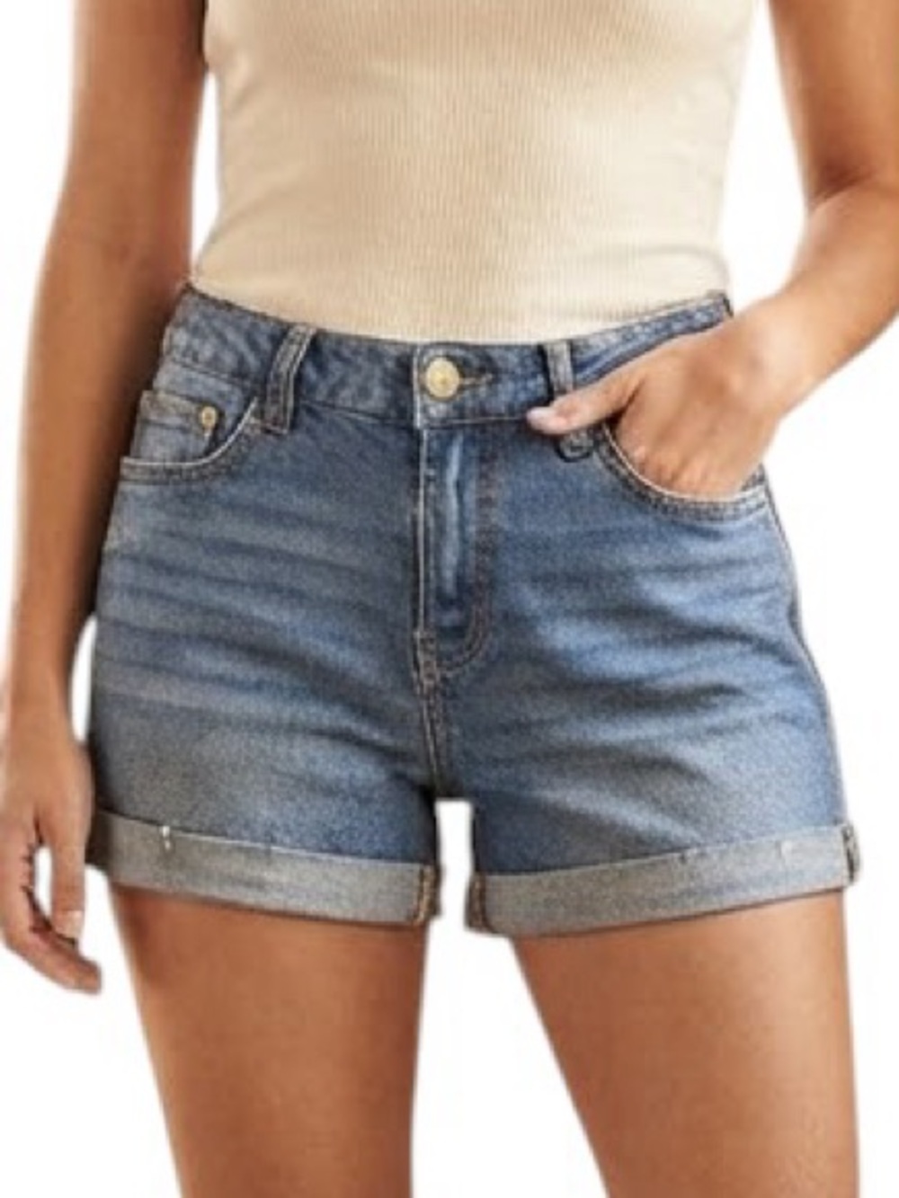 LOVE TREE Western Cottagecore Blue Denim Cuffed Hem Jean Shorts Mid Rise Medium